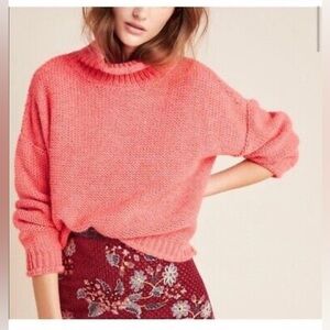 Anthropologie LOTTIE Cropped Funnel Neck Sweater Wool Alpaca Blend Coral size M